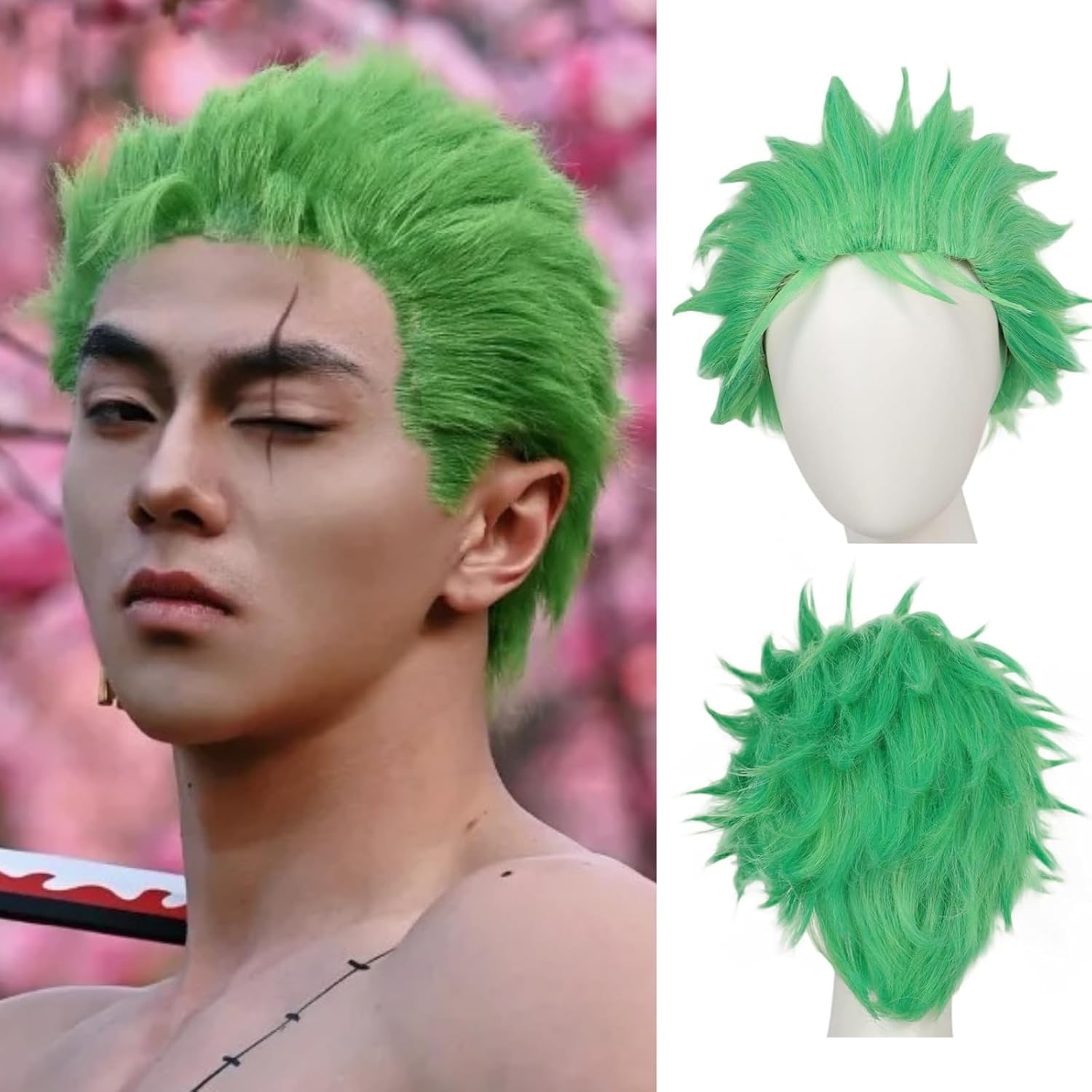 Cosplay Anime Zoro - สั้นวิกผมสีเขียวสําหรับชายแสงหญ้าสีเขียววิกผม Zoro วิกผมเด็กสังเคราะห์ทนความร้อนปาร์ตี้ฮาโลวีนคอสเพลย์วิกผม