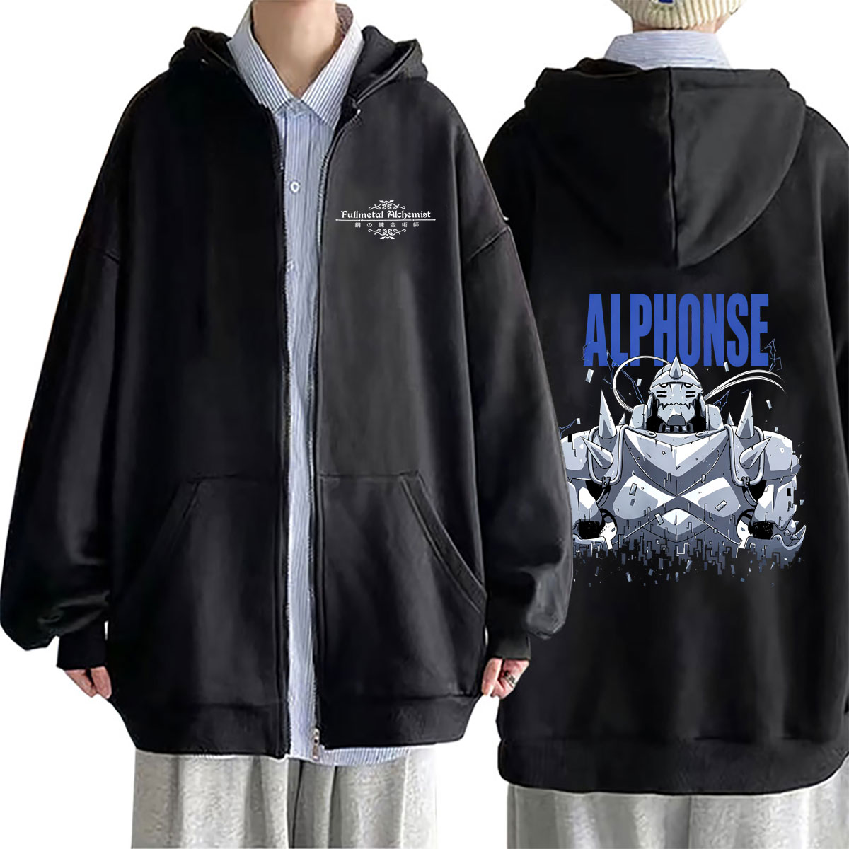 Fullmetal Alchemist Coat - เสื้อฮู้ดซิปพิมพ์ลายอนิเมะฟูลเมทัล อัลเคมิสต์ ลายการ์ตูนอัลฟอนส์ เอลริค เสื้อแจ็คเก็ตซิปแบบสวมใส่สบายสำหรับผู้ชายและผู้หญิง ทรงโอเวอร์ไซส์