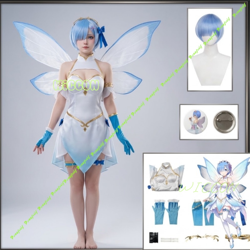 Anime Cosplay Rem - ชุดคอสเพลย์เรเซโร่ เรม นางฟ้าดอกไม้ พร้อมชุดธีมดอกไม้และวิกผมตัวละคร สำหรับงานฮาโลวีน คอมมิคคอน