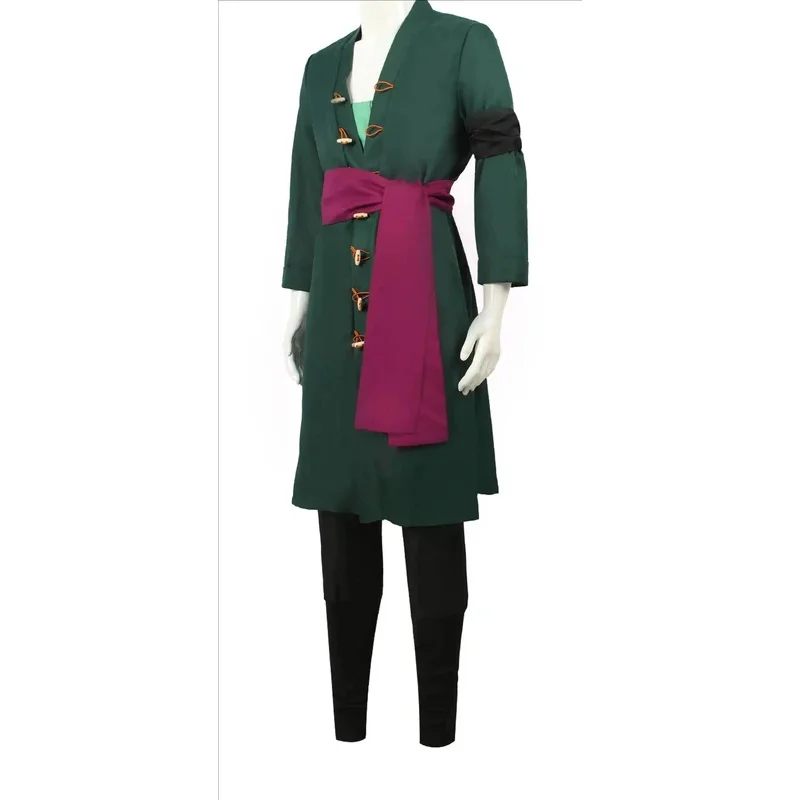 Cosplay Anime Zoro - อะนิเมะโรโรโนอาคอสเพลย์เครื่องแต่งกายสีเขียวเสื้อโค้ทเข็มขัดกางเกงผ้าโพกศีรษะโรโรโนอา โซโลวิกผมฮาโลวีนผู้ชาย
