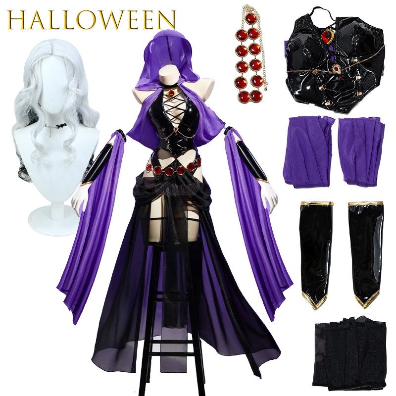 Anime Cosplay Outfits Female - ชุดคอสเพลย์แม่มด ชุดเต้นรำสีม่วง ชุดหนัง PU มีฮู้ด ชุดแฟนซีแม่มดสำหรับผู้หญิง