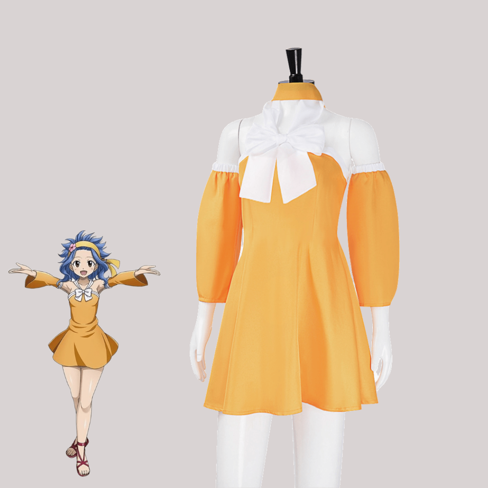 Anime Cosplay Outfits Female - ชุดคอสเพลย์เลวี่ แมคการ์เดน, ชุดอนิเมะแฟรี่เทลเลวี่, ชุดเดรสสีเหลืองพร้อมโบว์, ชุดอนิเมะสำหรับผู้หญิง