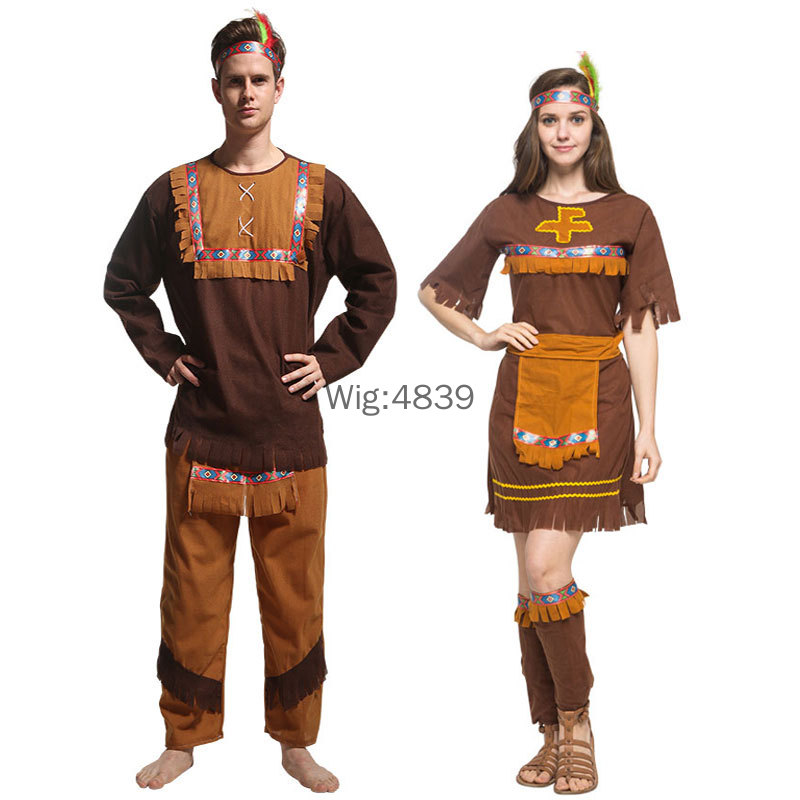 Anime Cosplay Couple - ฮาโลวีนเครื่องแต่งกายผู้ใหญ่คู่พื้นเมืองอินเดียเสื้อผ้าผู้หญิงผู้ชายดั้งเดิม Man Caveman เครื่องแต่งกายพู่ Carnival Party