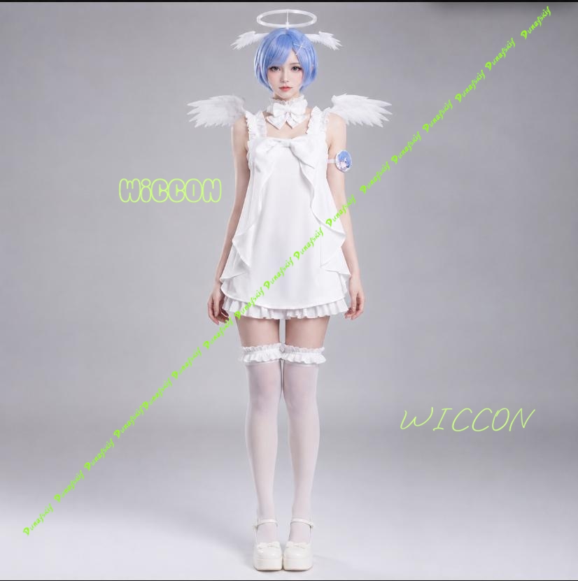 Anime Cosplay Rem - ชุดคอสเพลย์ตัวละคร Re Zero ชุดนอนนางฟ้าสีขาวหวานแหววของรามและเรม พร้อมลูกไม้ระบายและวิกผม เหมาะสำหรับชุดธีมฮาโลวีน