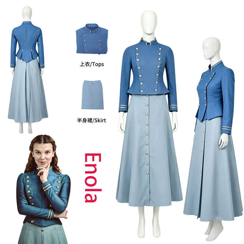 Cosplay Anime Female Characters - ชุดคอสเพลย์เอโนล่าจากภาพยนตร์ WHH ชุดฮอล์มส์สำหรับผู้หญิง เสื้อแจ็คเก็ตทหารแขนยาวสไตล์วินเทจ พร้อมกระโปรง ชุดสีน้ำเงิน