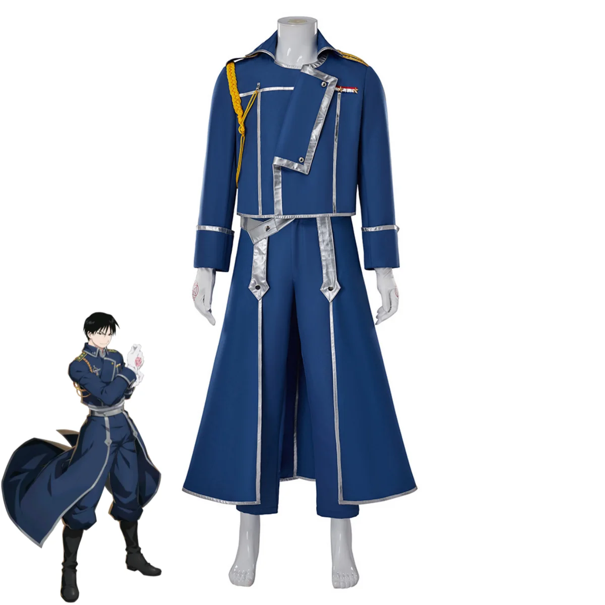 Fullmetal Alchemist Coat - ชุดคอสเพลย์รอย มัสแตนจ์ จากอนิเมะฟูลเมทัลอัลเคมีสต์ ชุดทหารสีน้ำเงินพร้อมเสื้อคลุมและวิกผมสำหรับผู้ใหญ่ เหมาะสำหรับงานฮาโลวีนและงานคาร์นิวัล