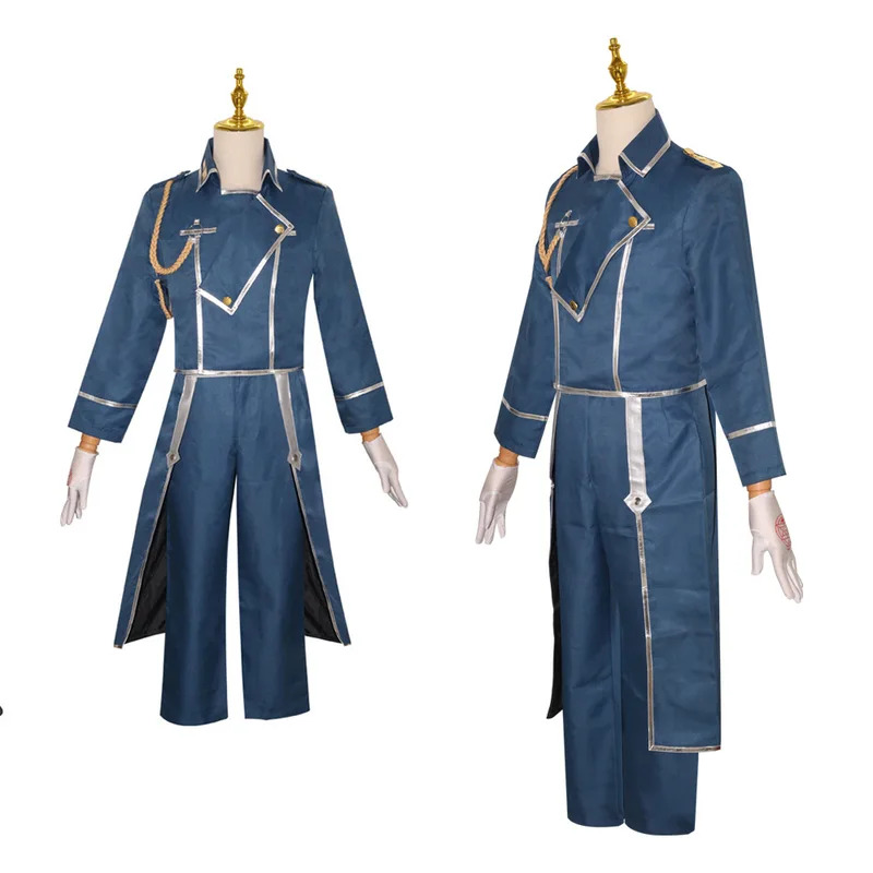 Fullmetal Alchemist Coat - อะนิเมะฟูลเมทัลอัลเคมีสต์ รอย มัสแตงคอสเพลย์เครื่องแต่งกายสีฟ้าชุดทหารยูนิเซ็กส์ฮาโลวีนบราเธอร์ฮีดสูทเสื้อโค้ทกางเกงถุงมือ