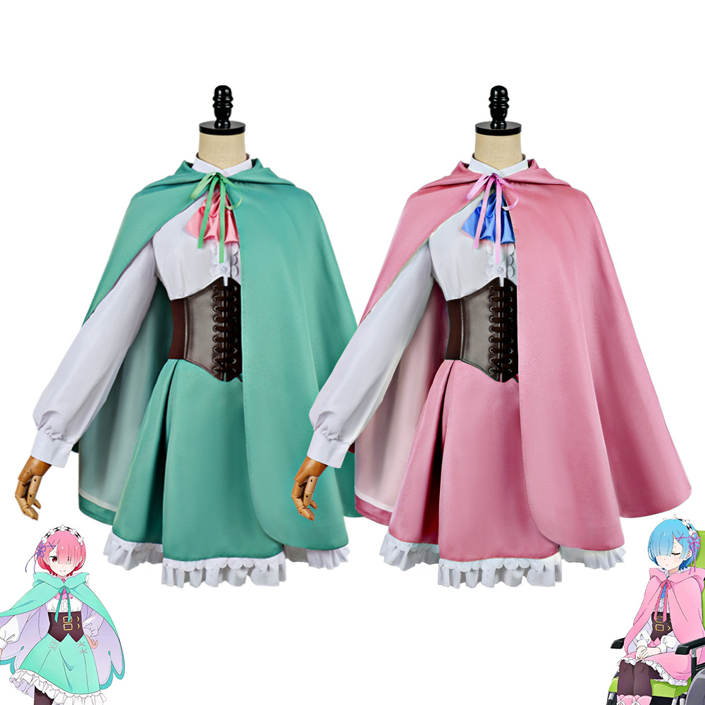 Anime Cosplay Rem - อะนิเมะ Re: Zero Rem Ram คอสเพลย์เครื่องแต่งกายผู้หญิงน่ารักชุดแม่บ้านสีชมพูสีเขียวเสื้อคลุมมีฮู้ดชุดสำหรับฮาโลวีนคาร์นิวัลชุดเต็ม