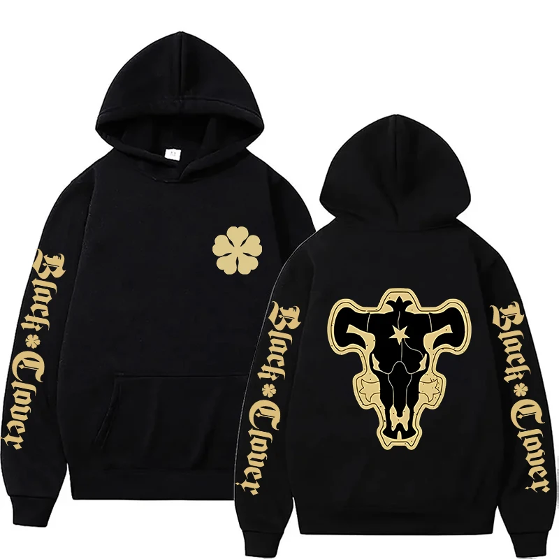 Black Clover Grimoire - เสื้อฮู้ดพิมพ์ลายหนังวัวสีดำสุดอินเทรนด์ เสื้อสเวตเชิ้ตแขนยาวใส่สบาย เสื้อสไตล์สตรีทลำลองสำหรับผู้ชายและผู้หญิง