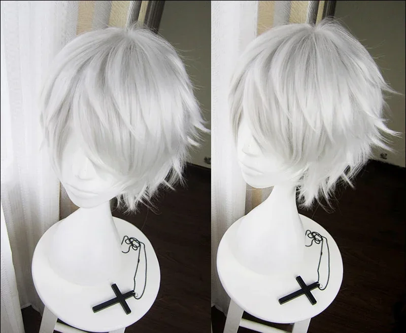 Anime Cosplay Tokyo Ghoul - อะนิเมะ Tokyo Ghoul Kaneki Ken วิกผมสังเคราะห์สั้นสีขาวเงินความร้อนทนผมคอสเพลย์วิกผม